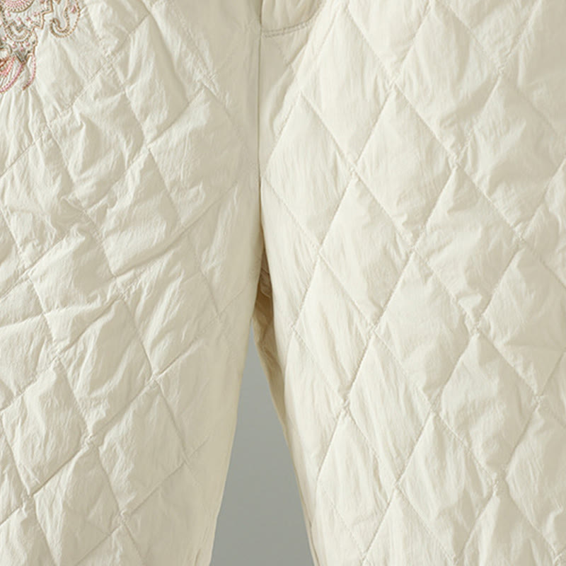 Buddha Stonesピンク花菱形柄コットン厚手レディースパンツ（ポケット付き） - image 4