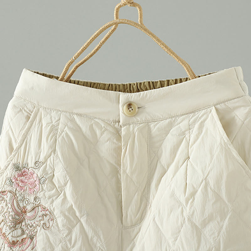 Buddha Stonesピンク花菱形柄コットン厚手レディースパンツ（ポケット付き） - image 3