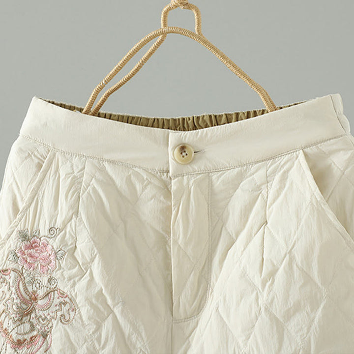 Buddha Stonesピンク花菱形柄コットン厚手レディースパンツ（ポケット付き） - image 3