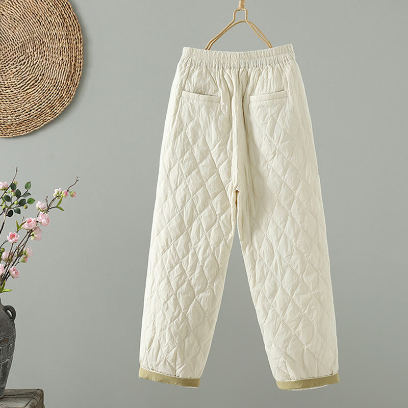 Buddha Stonesピンク花菱形柄コットン厚手レディースパンツ（ポケット付き） - image 2