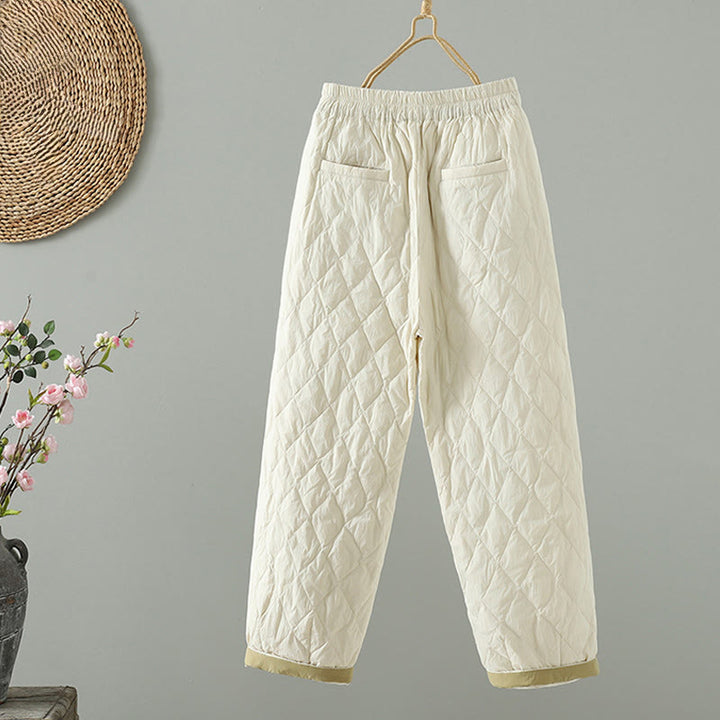 Buddha Stonesピンク花菱形柄コットン厚手レディースパンツ（ポケット付き） - image 2