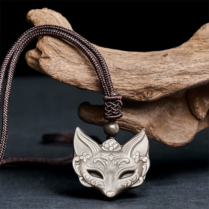 Buddha Stonesレリーフ フォックスデザイン シルバーシーンオブシディアン アイスオブシディアン プロテクションネックレス ペンダント - image 2