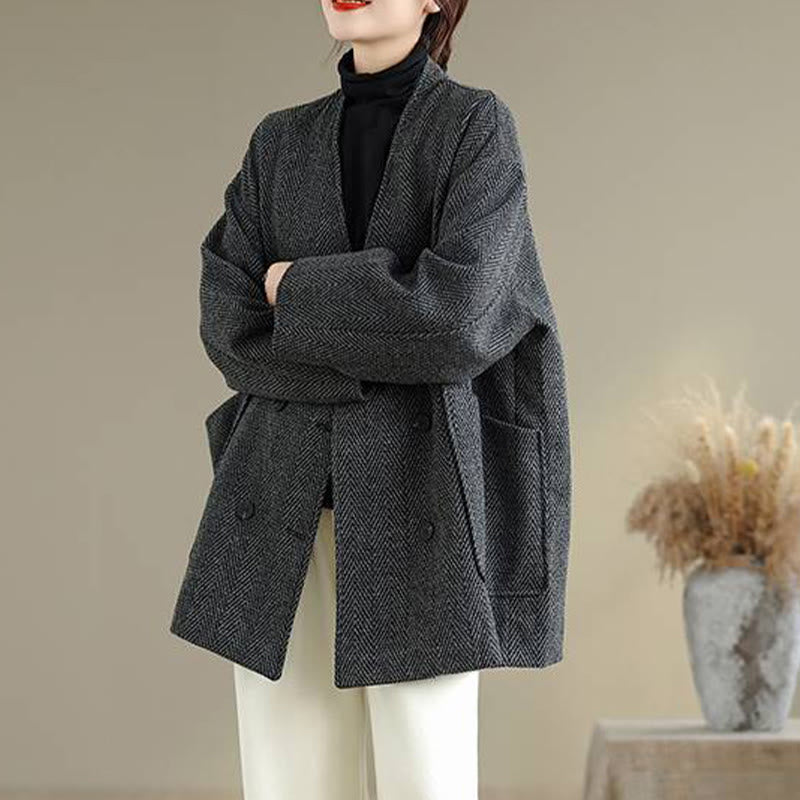 Buddha StonesストライプVネックコットンロングスリーブレディースコート（ポケット付き） - image 2