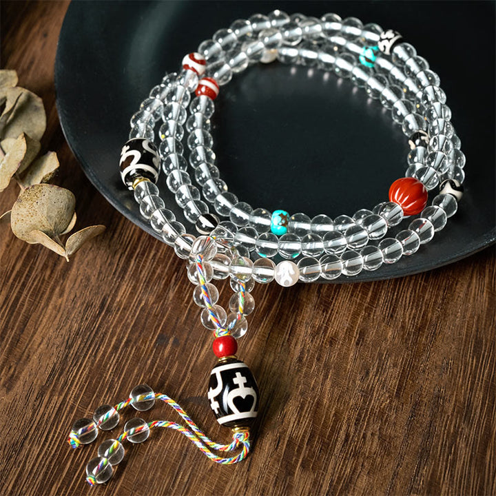 Buddha Stones108 ビーズ Liuli クリスタル Dzi ビーズ瑪瑙祝福タッセルマーラー数珠 - ブラックジビーズ - 6mm - image 0