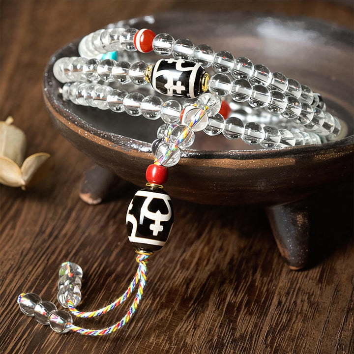 Buddha Stones108 ビーズ Liuli クリスタル Dzi ビーズ瑪瑙祝福タッセルマーラー数珠 - image 2