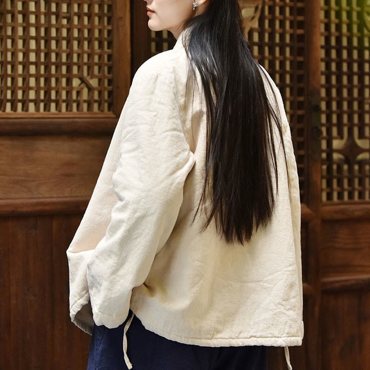 Buddha Stones斜め襟 無地 長袖 厚手コットン レディース ジャケット  - image 4