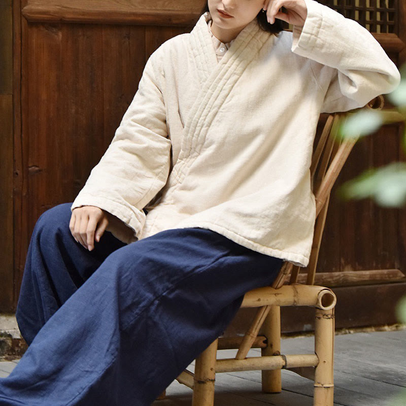 Buddha Stones斜め襟 無地 長袖 厚手コットン レディース ジャケット  - image 3