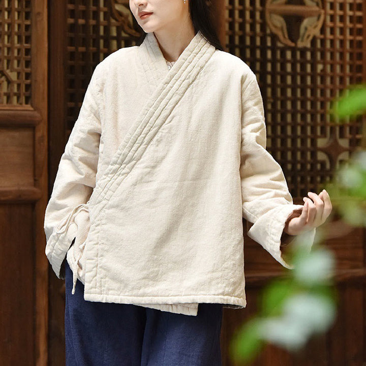 Buddha Stones斜め襟 無地 長袖 厚手コットン レディース ジャケット  - 雪 - US8-10，UK/AU12-14，EU40-42 (2XL) - image 0