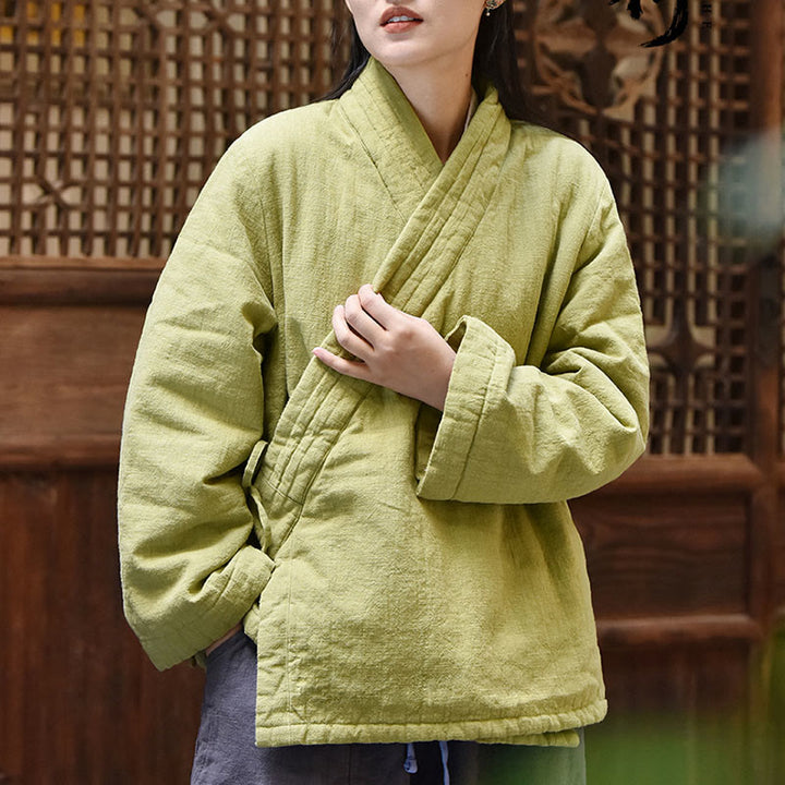 Buddha Stones斜め襟 無地 長袖 厚手コットン レディース ジャケット  - image 7