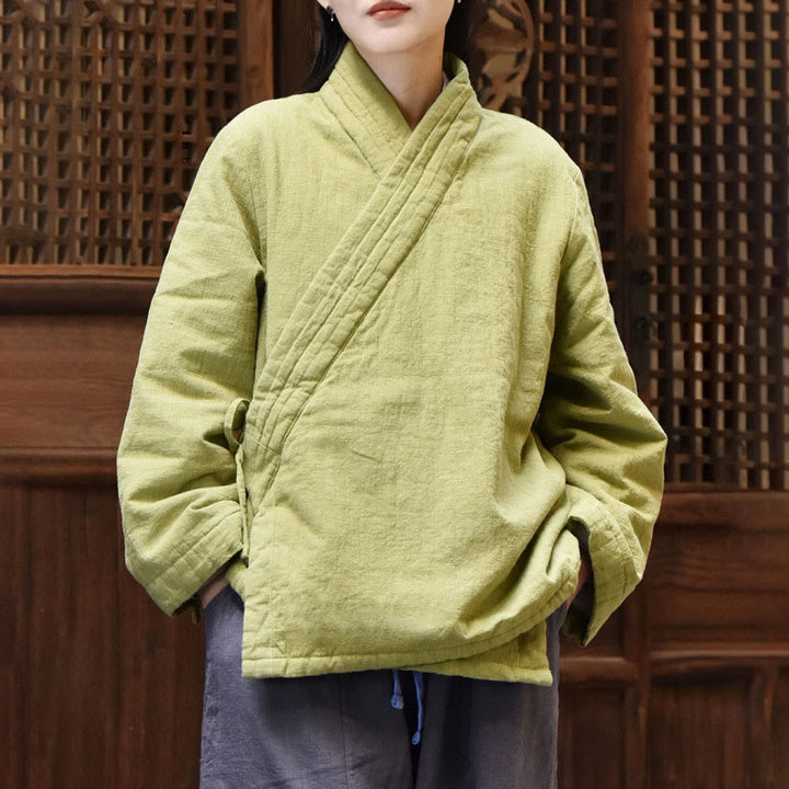 Buddha Stones斜め襟 無地 長袖 厚手コットン レディース ジャケット  - 黄緑 - US8-10，UK/AU12-14，EU40-42 (2XL) - image 5