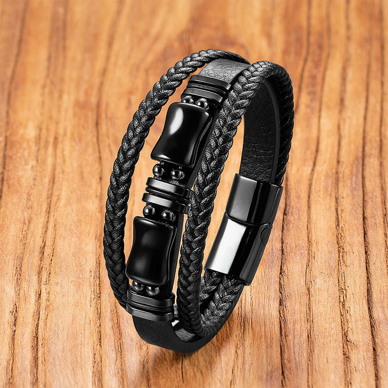 Buddha Stonesグリーンアベンチュリン アメジスト ブラックオニキス ピンククリスタル ポジティブ 編み込みレザーブレスレット - ブラックオニキス - 18～22cm - image 6