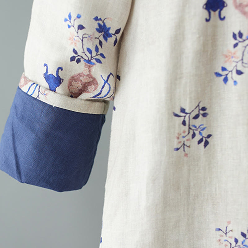 Buddha Stones、斜め襟、カエルボタン、花瓶、植物柄、長袖、クルーネック、コットン、ミディドレス - image 4