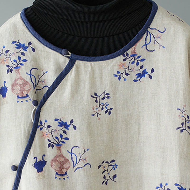 Buddha Stones、斜め襟、カエルボタン、花瓶、植物柄、長袖、クルーネック、コットン、ミディドレス - image 2