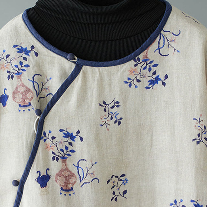 Buddha Stones、斜め襟、カエルボタン、花瓶、植物柄、長袖、クルーネック、コットン、ミディドレス - image 2