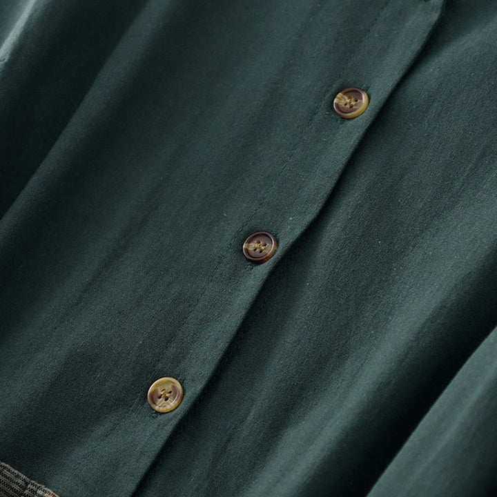 Buddha Stonesラペル カラーブロッキング デザイン ロングスリーブ コットン ミディドレス ポケット付き - image 4