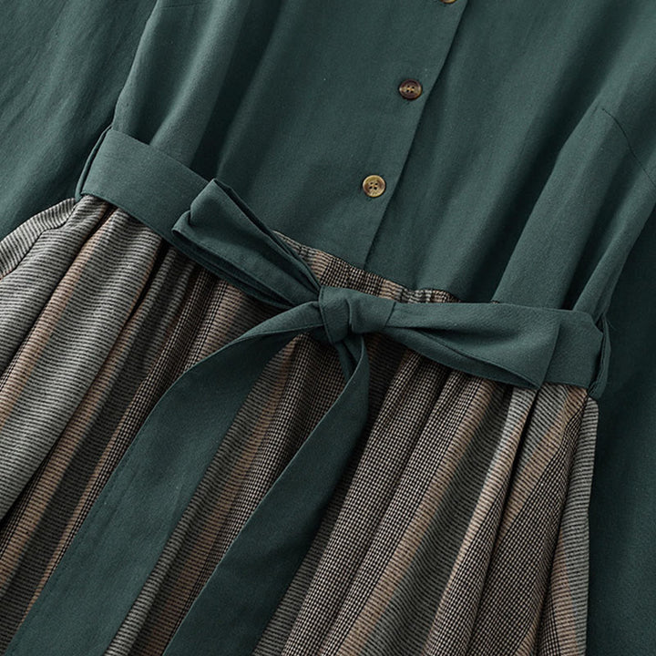 Buddha Stonesラペル カラーブロッキング デザイン ロングスリーブ コットン ミディドレス ポケット付き - image 2