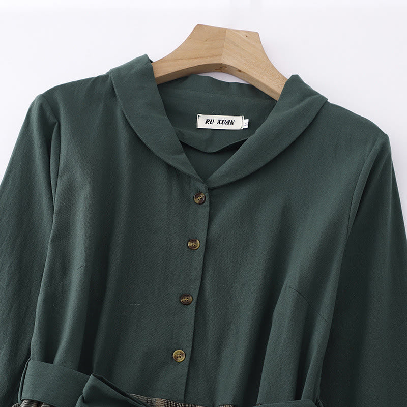 Buddha Stonesラペル カラーブロッキング デザイン ロングスリーブ コットン ミディドレス ポケット付き - image 3