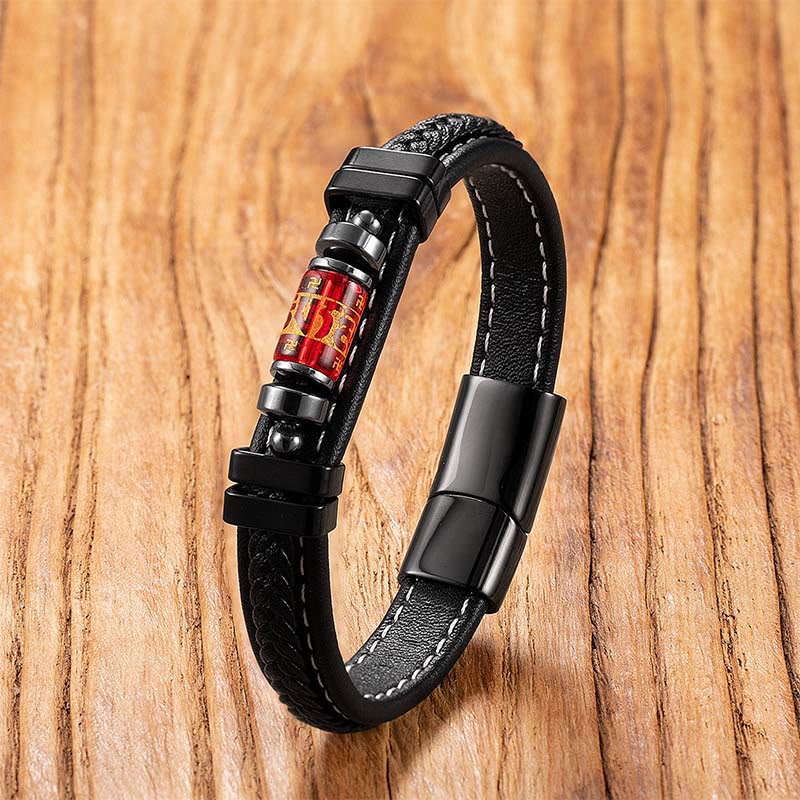 Buddha Stonesオーム・マニ・パドメ・フムドラゴンシンボル ブラックオニキス レザー チタンスチール バランス守護ブレスレット - 赤い琉璃マントラ - 18～22cm - image 9