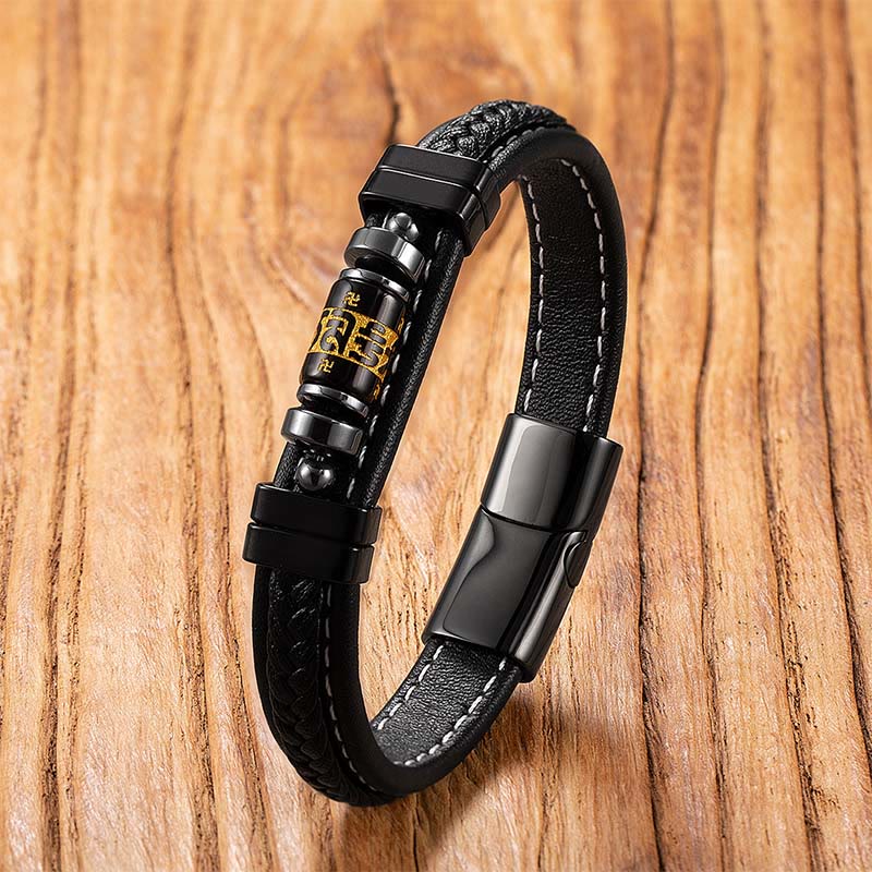 Buddha Stonesオーム・マニ・パドメ・フムドラゴンシンボル ブラックオニキス レザー チタンスチール バランス守護ブレスレット - ブラックオニキスマントラ - 18～22cm - image 12