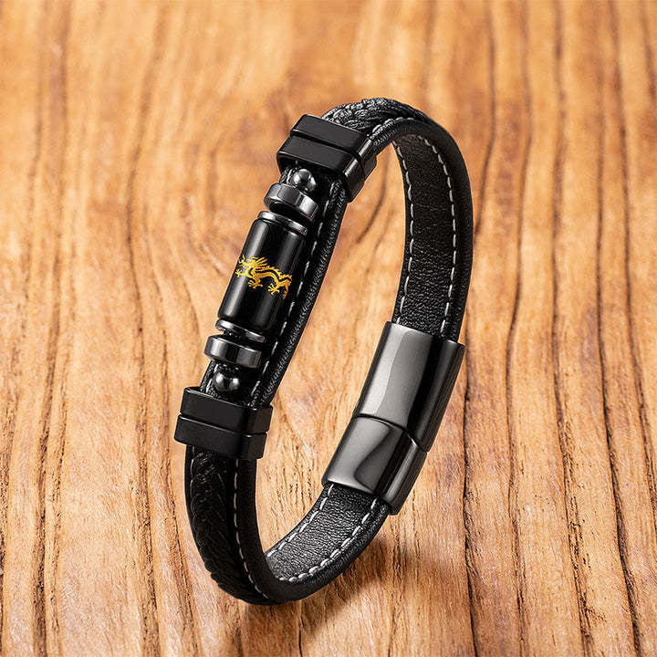 Buddha Stonesオーム・マニ・パドメ・フムドラゴンシンボル ブラックオニキス レザー チタンスチール バランス守護ブレスレット - ブラックオニキスドラゴン - 18～22cm - image 7