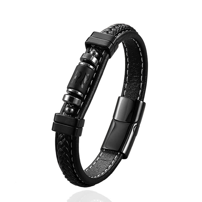 Buddha Stonesオーム・マニ・パドメ・フムドラゴンシンボル ブラックオニキス レザー チタンスチール バランス守護ブレスレット - image 11