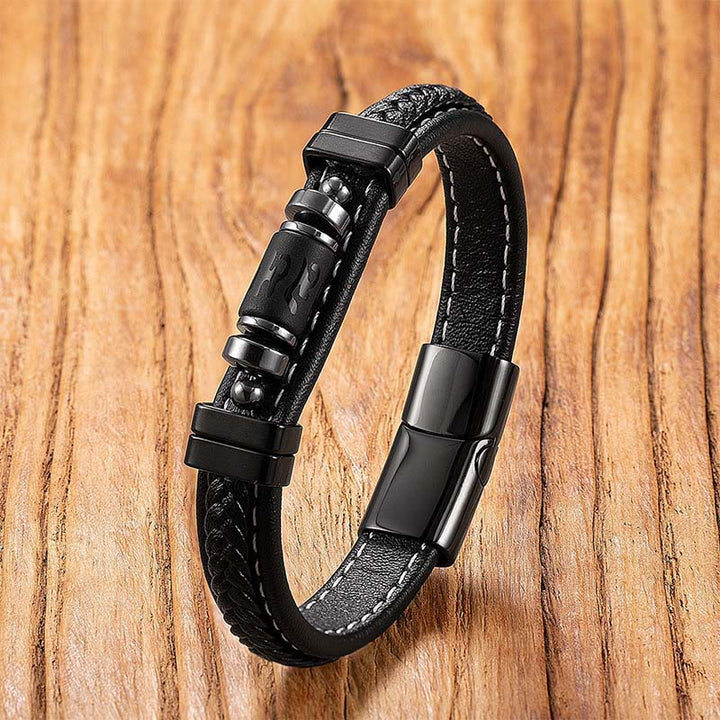 Buddha Stonesオーム・マニ・パドメ・フムドラゴンシンボル ブラックオニキス レザー チタンスチール バランス守護ブレスレット - マットブラック リューリ - 18～22cm - image 10