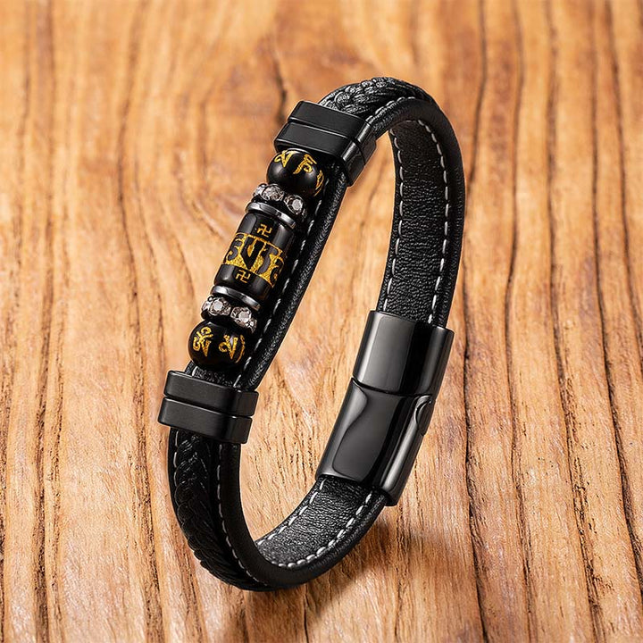 Buddha Stonesオーム・マニ・パドメ・フムドラゴンシンボル ブラックオニキス レザー チタンスチール バランス守護ブレスレット - ブラックオニキスオーム・マニ・パドメ・フム、 - 18～22cm - image 0