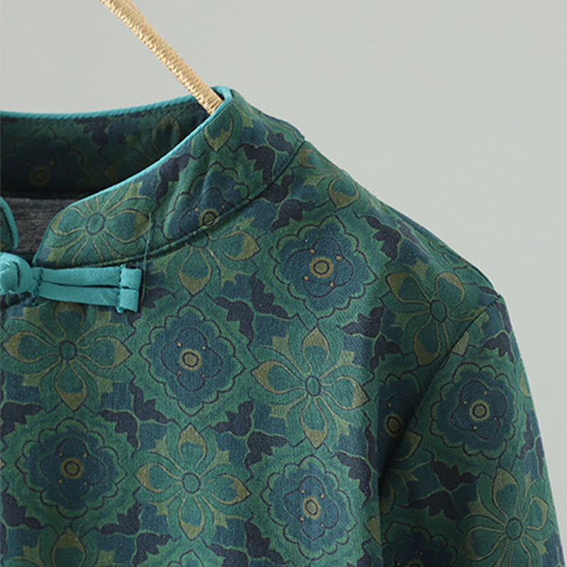 Buddha Stonesスタンドカラーフロッグボタンフラワー柄ロングスリーブコットンミディドレス - image 5