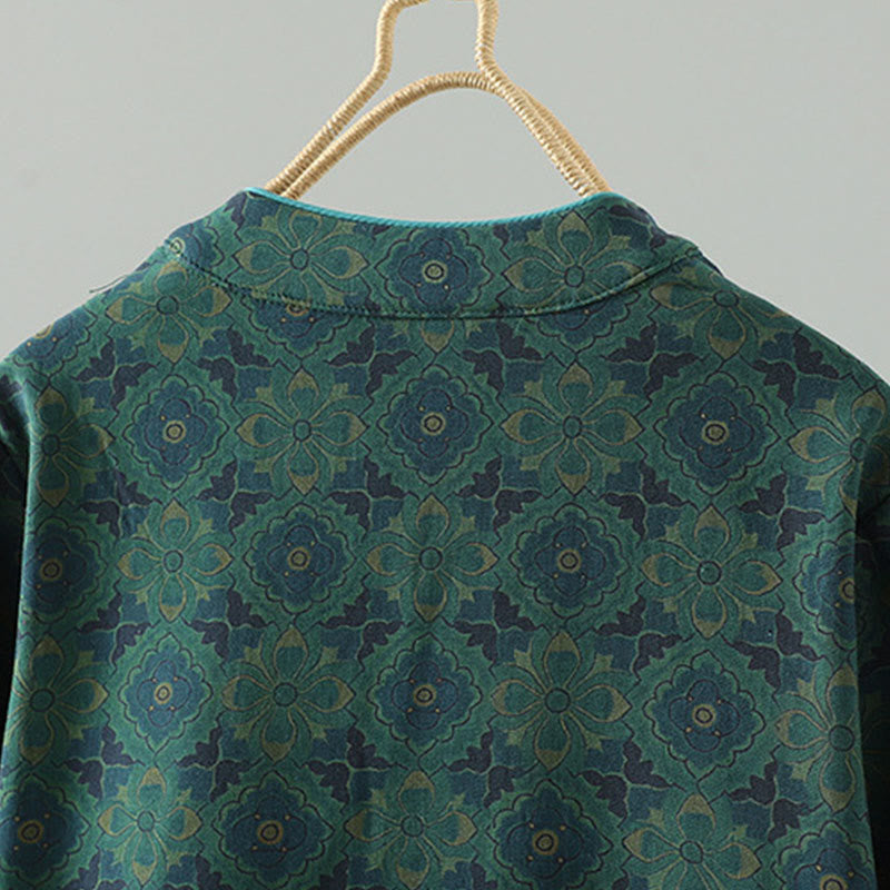 Buddha Stonesスタンドカラーフロッグボタンフラワー柄ロングスリーブコットンミディドレス - image 2