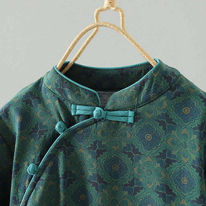 Buddha Stonesスタンドカラーフロッグボタンフラワー柄ロングスリーブコットンミディドレス - image 3