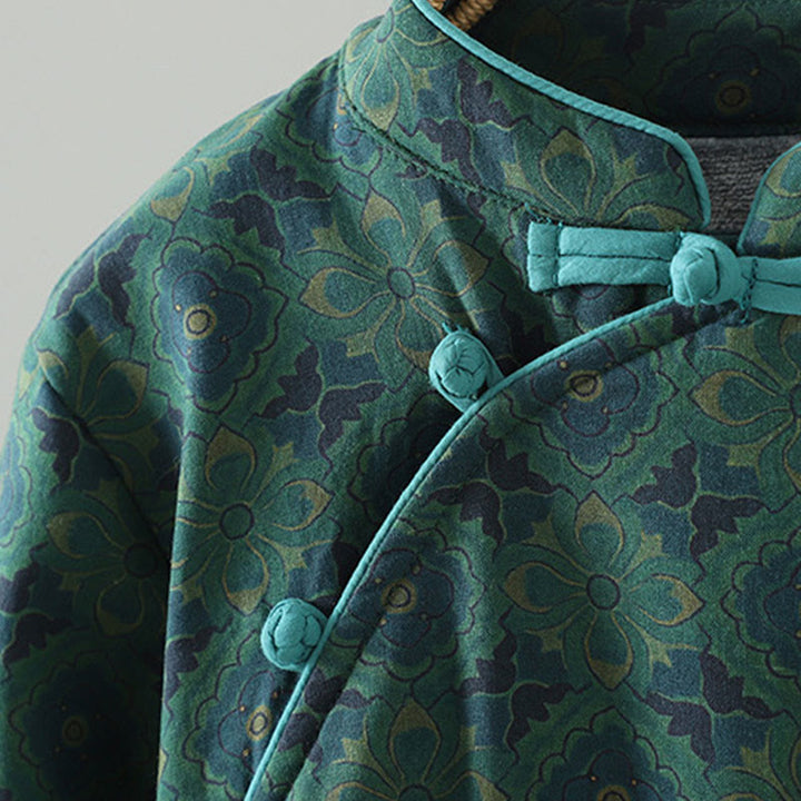 Buddha Stonesスタンドカラーフロッグボタンフラワー柄ロングスリーブコットンミディドレス - image 4