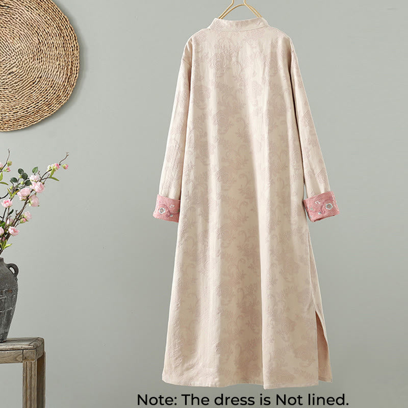 Buddha Stonesスタンドカラーフロッグボタンフラワーパターン刺繍デザインロングスリーブコットンミディドレス - image 1