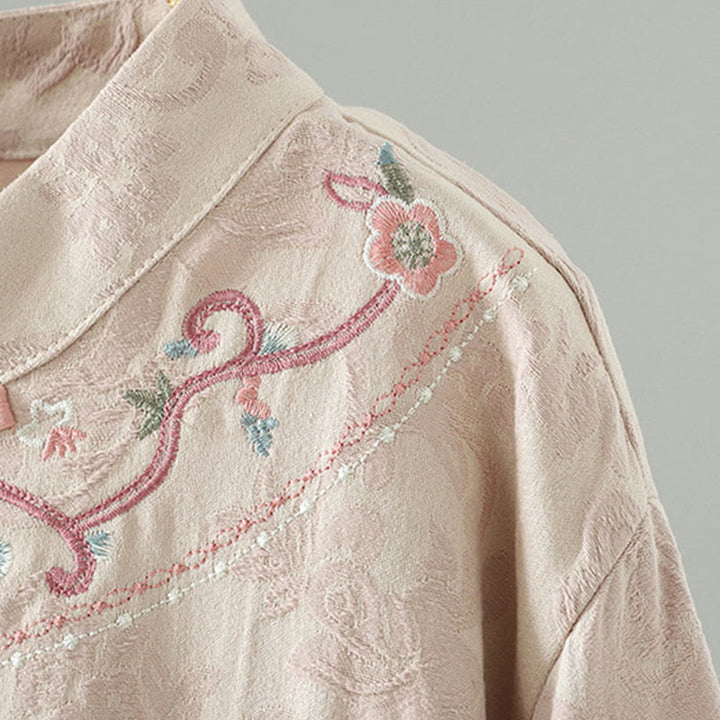 Buddha Stonesスタンドカラーフロッグボタンフラワーパターン刺繍デザインロングスリーブコットンミディドレス - image 3