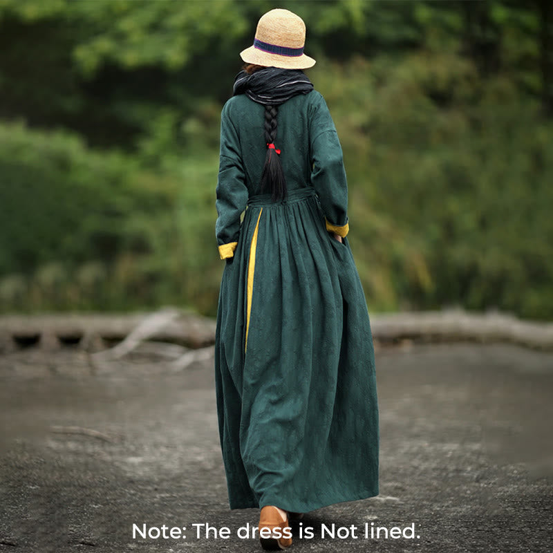 Buddha Stonesフロッグボタン 無地 Vネック ロングスリーブ コットン ミディドレス ポケット付き - image 1