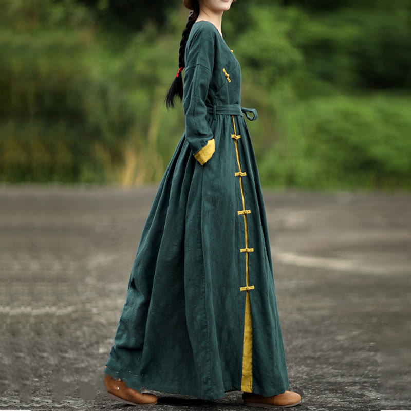 Buddha Stonesフロッグボタン 無地 Vネック ロングスリーブ コットン ミディドレス ポケット付き - image 4