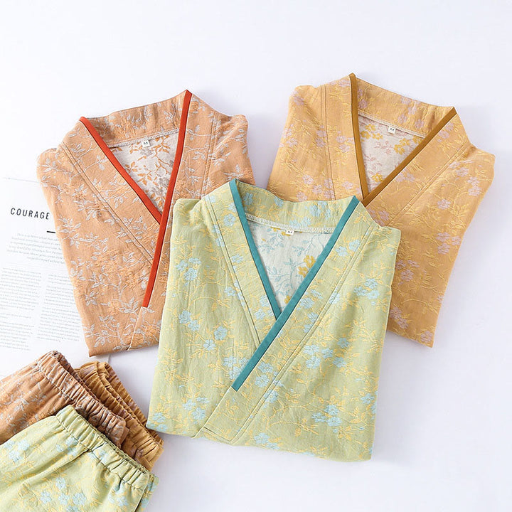 Buddha Stones 2ピース カラフルフローラルリーフ 長袖 Vネック シャツパンツ コットンパジャマセット ポケット付き - image 14