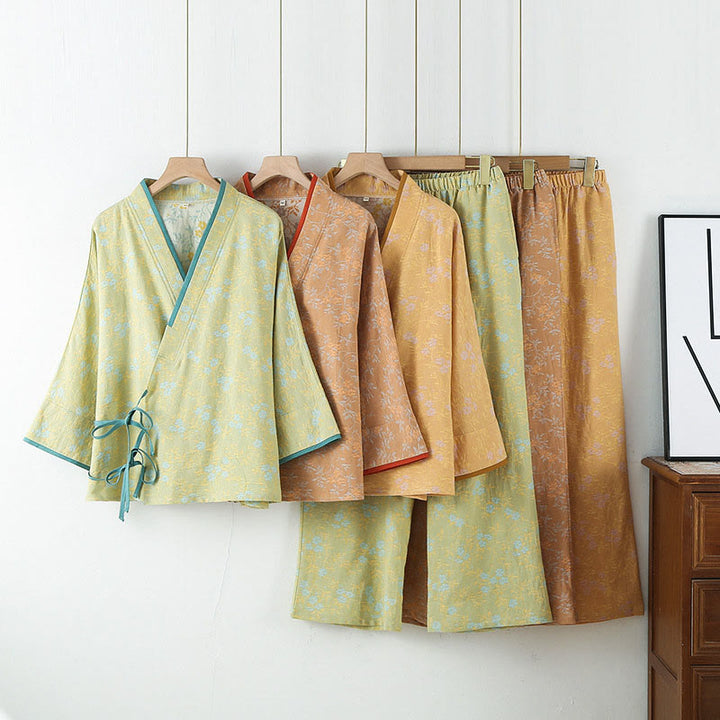 Buddha Stones 2ピース カラフルフローラルリーフ 長袖 Vネック シャツパンツ コットンパジャマセット ポケット付き - image 13