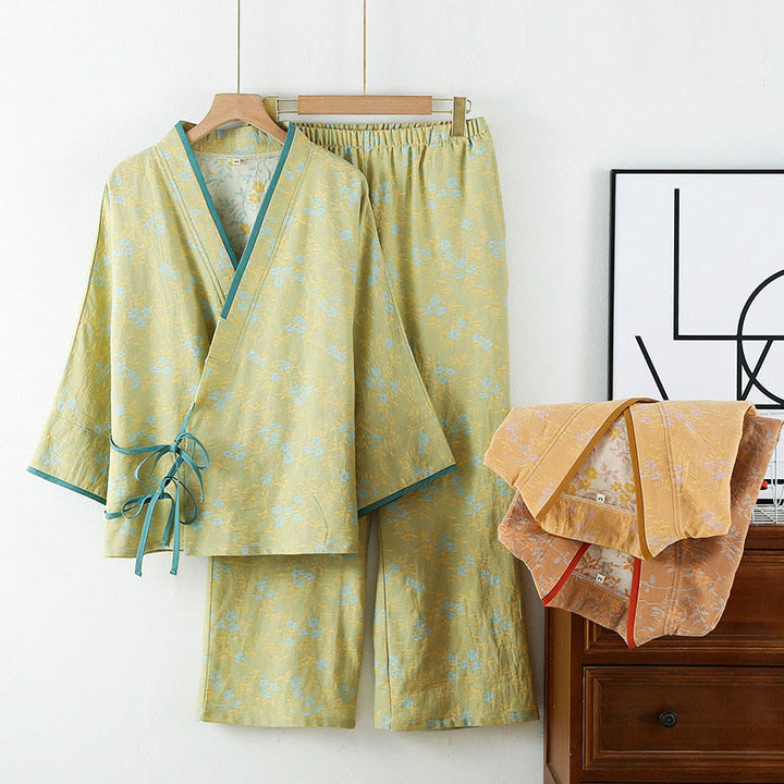 Buddha Stones 2ピース カラフルフローラルリーフ 長袖 Vネック シャツパンツ コットンパジャマセット ポケット付き - 黄緑 - US12、 UK/AU16、 EU44 (XL) - image 0