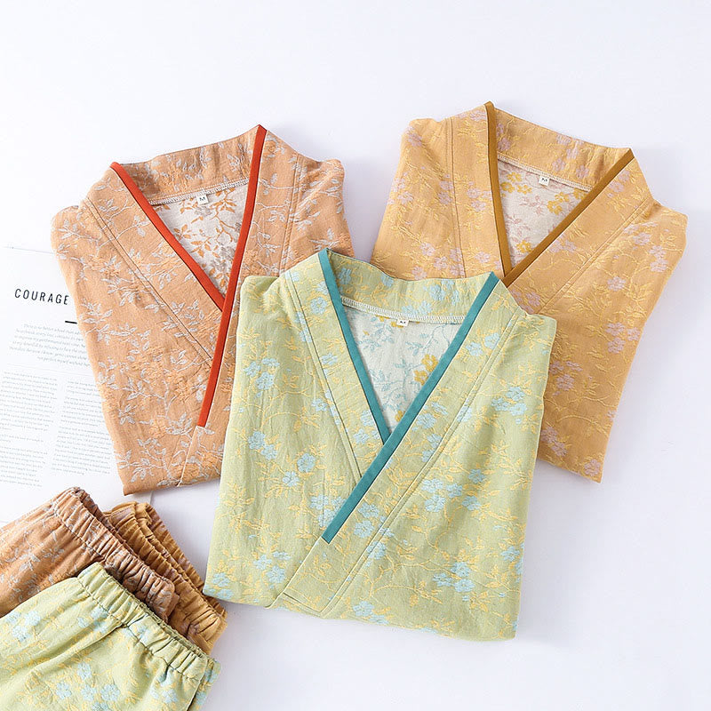 Buddha Stones 2ピース カラフルフローラルリーフ 長袖 Vネック シャツパンツ コットンパジャマセット ポケット付き - image 14