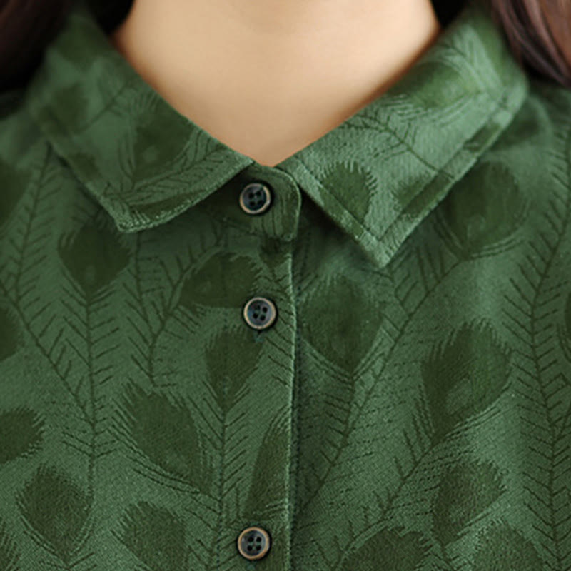 Buddha Stonesリーフ柄スタンドカラーロングスリーブコットンミディドレス（ポケット付き） - image 5