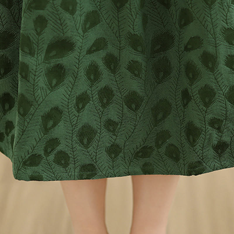 Buddha Stonesリーフ柄スタンドカラーロングスリーブコットンミディドレス（ポケット付き） - image 7