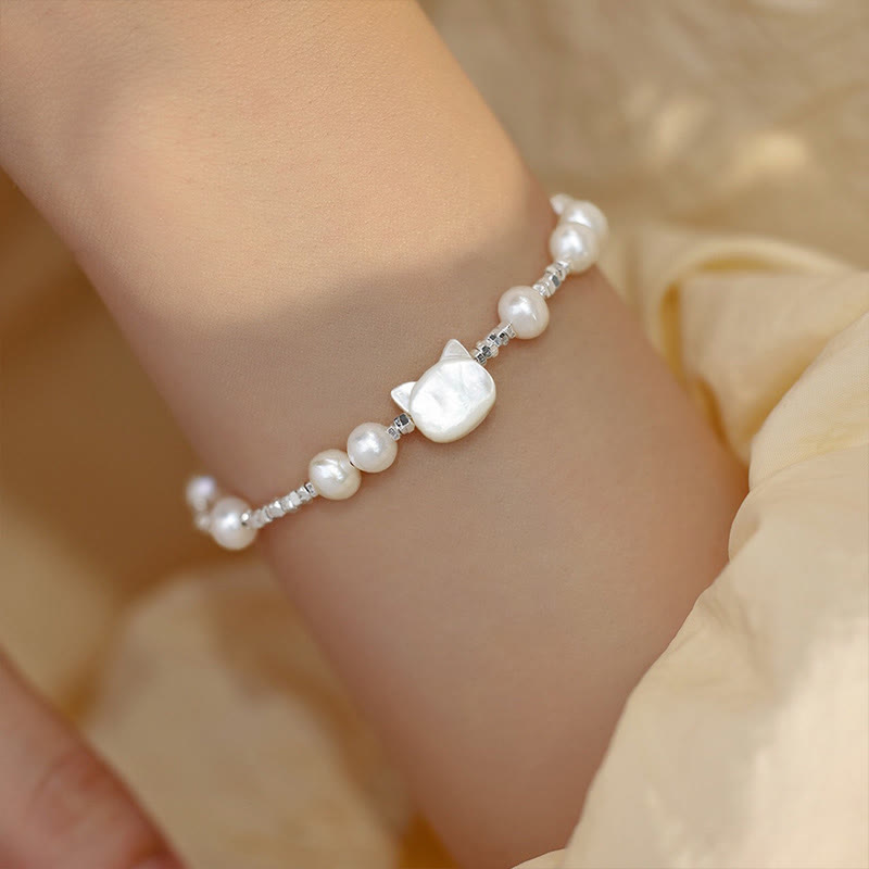 Buddha Stonesパールキャットヘッドシャコガイストーンシルバーチェーンヒーリングブレスレット - パール（手首周り14～16cm） - image 0