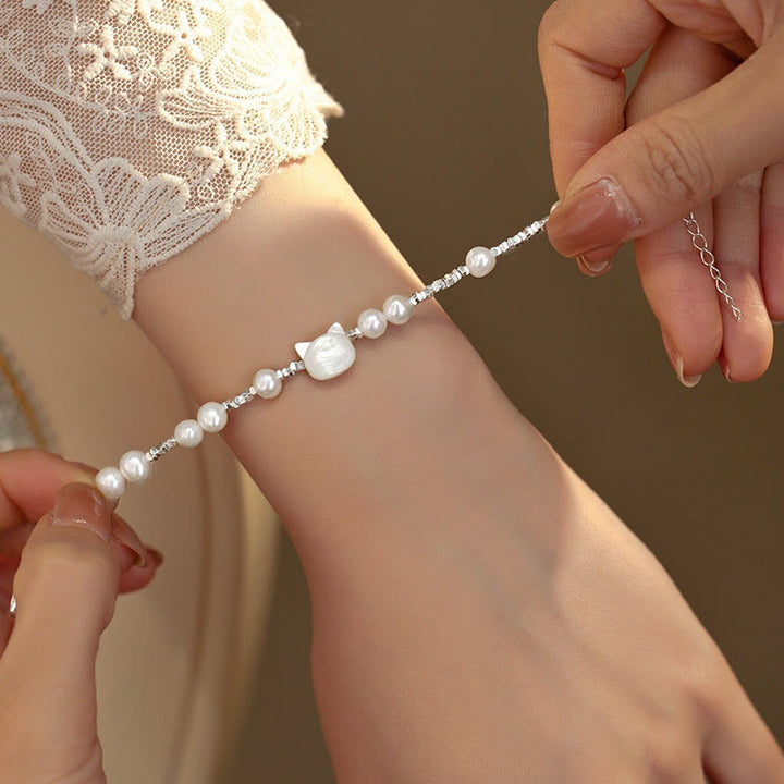 Buddha Stonesパールキャットヘッドシャコガイストーンシルバーチェーンヒーリングブレスレット - image 3