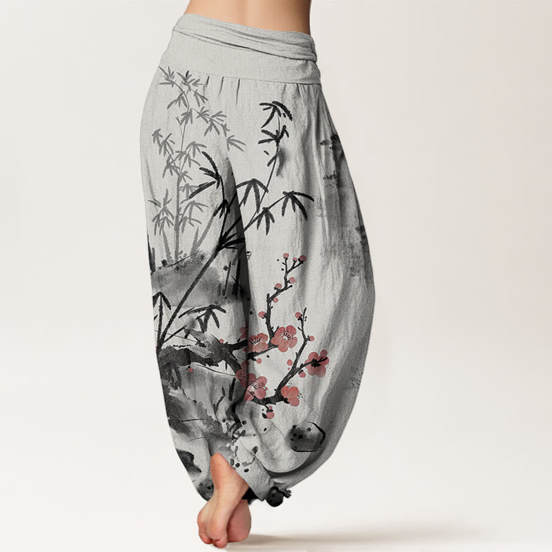 Buddha Stones、綿、梅、竹、蘭、菊柄、レディース、ウエストゴム、ハーレムパンツ - image 1
