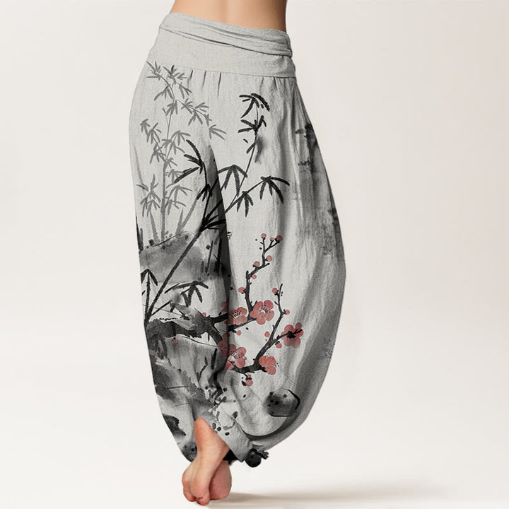 Buddha Stones、綿、梅、竹、蘭、菊柄、レディース、ウエストゴム、ハーレムパンツ - image 1