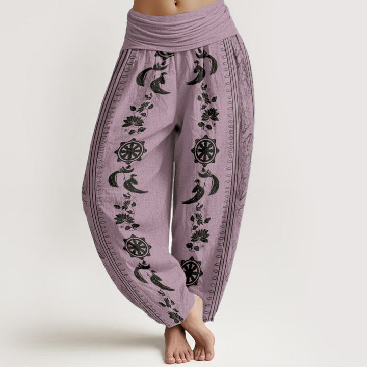 Buddha Stones純綿 ダルマホイール 蓮 OM柄 レディース 伸縮性ウエスト ハーレムパンツ - バイオレット - US22、 UK/AU26、 EU54 (6XL) - image 8