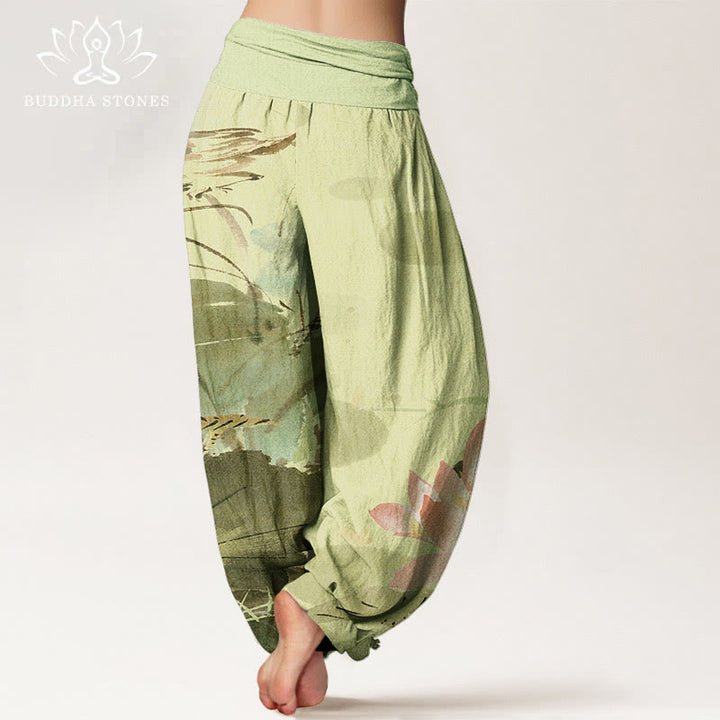 Buddha Stonesコットンピンク蓮の葉鳥柄レディース伸縮性ウエストハーレムパンツ - image 1