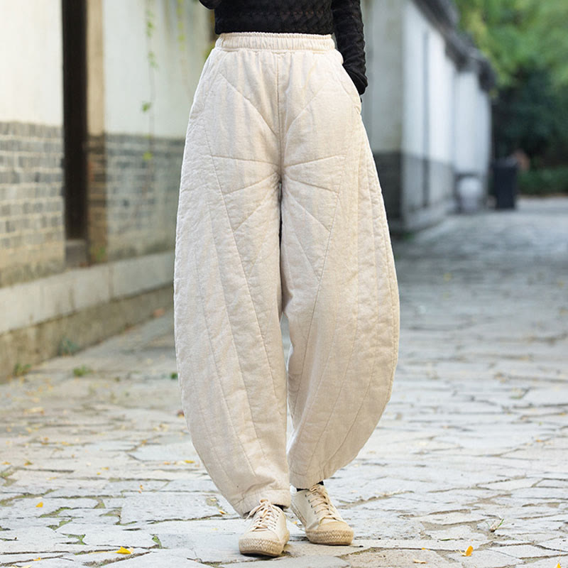 Buddha Stones無地コットン 厚手 レディース 7-8丈 ポケット付きパンツ - 白 - US14、 UK/AU18、 EU46 (4XL) - image 0