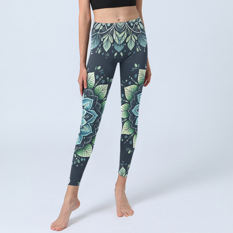 Buddha Stones対称オームシンボル 花柄プリント ジムレギンス レディース ヨガパンツ - image 5