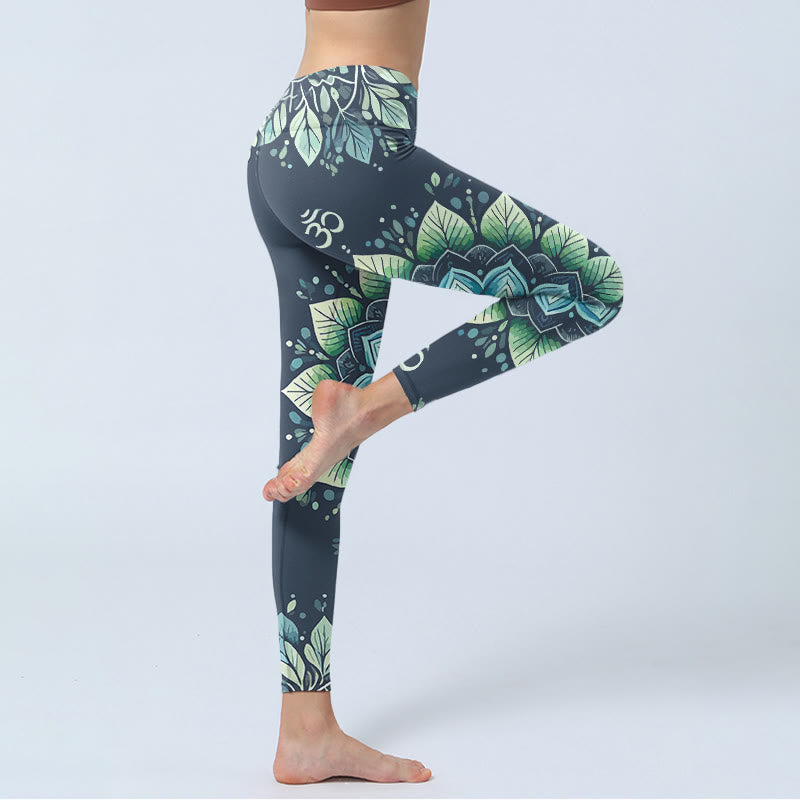 Buddha Stones対称オームシンボル 花柄プリント ジムレギンス レディース ヨガパンツ - image 3